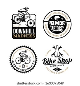 Set of vector black, gold and white bike shop, bicycle service, mountain and road biking clubs and adventures badges