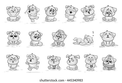 Set Vector. Black and grey drawing on a white background. Stock Illustrations isolated Emoji character cartoon dog stickers emoticons with different emotions for site, infographics, animation, comics