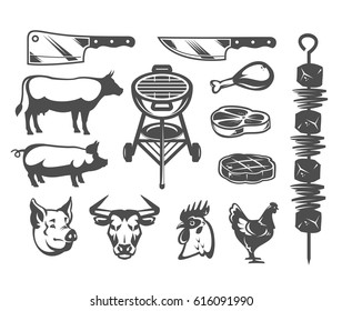 Set of vector black grill and barbecue icons isolated on white