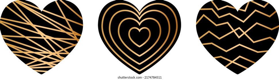 Conjunto de corazón negro vectorial con líneas geométricas doradas. Borde elegante para invitaciones de boda y tarjetas. Decoración para el Día de San Valentín