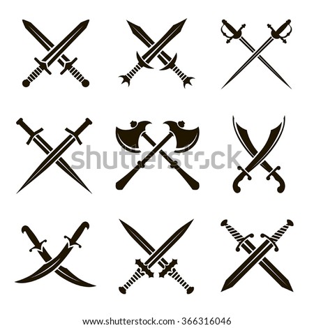 Set of vector black heraldic swords, sabers, rapiers, axes on a white background
