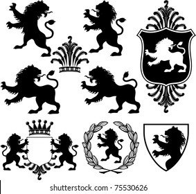 set of vector black heraldry silhouettes including lions, crowns, shields and garland