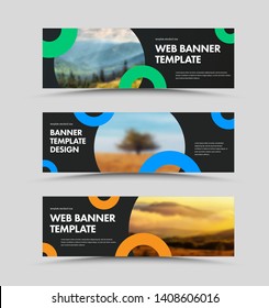 Set of vector black horizontal web banners with round color design elements and place for photo. Templates are standard size.