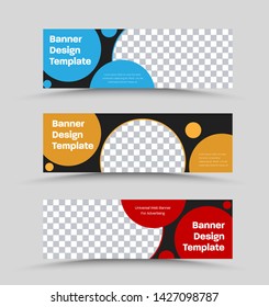 Set of vector black horizontal web banners with place for photo and color round design elements. A set of standard size for advertising.