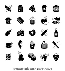 Set of vector black icons of food and dessert for menu cafe, restaurant and food delivery. Minimal black icons set of vegetables, fruits, drinks, fast food, bakery, dish and desserts isolated