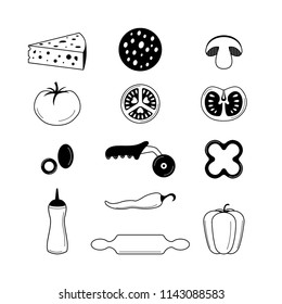 Set of vector black icons of products and tools for pizza making. Isolated on the white background.
