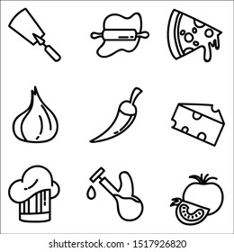 Set of vector black icons of products and tools for pizza making.