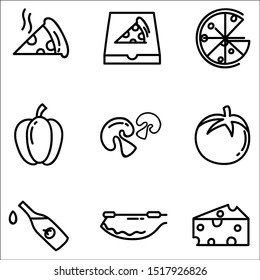 Set of vector black icons of products and tools for pizza making.