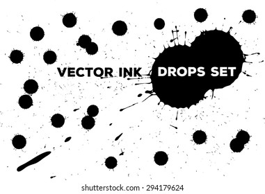 set of vector black ink drops on white
