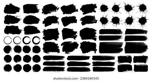 Set of vector black ink paint brush stroke, ink splash, box, frame, grunge texture and social media design elements. Grungy watercolor art, torn paper silhouette and dirty overlay for business banner