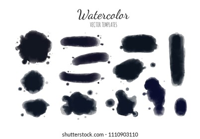 Set of vector black ink, watercolor brush strokes, grunge stains. Isolated objects on white