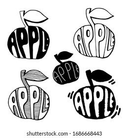 Set of vector black line apple fruits with text APPLE in it. Lettering design elements for logos, patterns, advertising, cards, icons, children's, cooking books. White isolated background. Silhouette 
