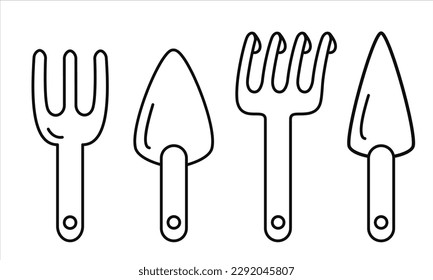 Set of vector black line illustration of garden tools: scoops, rake, loosening fork. Spring, summer, garden themes.