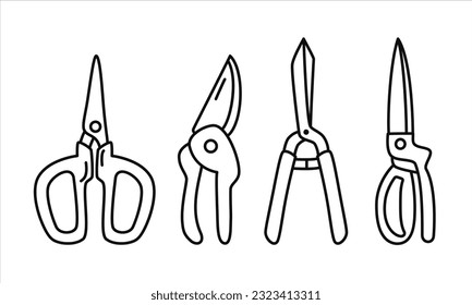 Set of vector black line illustrations of garden cutting tools. Spring, summer, garden theme.