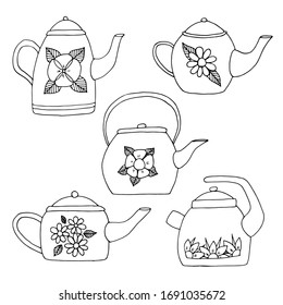 Set von Vektorillustration schwarzen Linie Wasserkocher mit Blumen und Blättern. Einfache Teekoteletts im Doodle-Stil. Tea time Illustration.