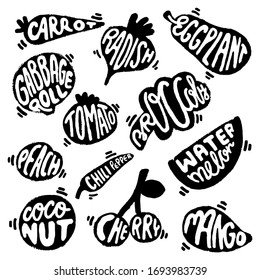 Set of vector black line vegetables, berries, fruits with text in its. White isolated background. Carrot, radish, eggplant, tomato, broccoli, peach, watermelon, chili pepper, cherry, mango, coconut.