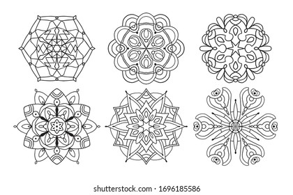Vektorillustration schwarz Mandalas. Mandaldesign für Färbung, Grafikdesign, Dekoration