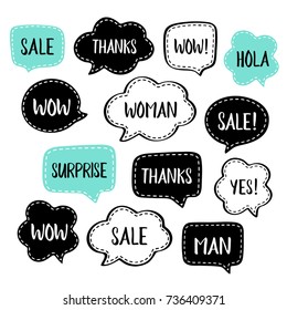 Set of vector black and mint speech bubbles with dashed line and short popular words: hello, wow, sale, hola, thanks, surprise etc. Vector illustration.