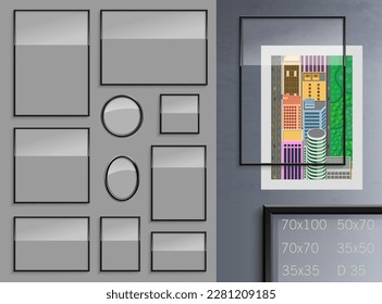 Set of vector black modern frames for mockup posters and paintings on the wall. Transparency effect. Standard sizes
