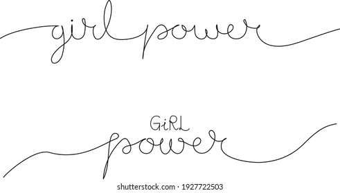 Set of vector black one line phrases on white green background. GIRL POWER. Minimalistic art.