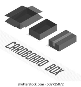 Set of vector black open and closed boxes. Empty boxing on light background. Isometric transportation package.