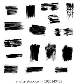 Set of vector black paint brush spots. Big set of watercolor strokes isolated on white background. Grunge texture, artistic design elements or text box.