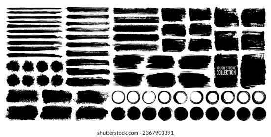 Set of vector black paint brush stroke, grungy line, frame, circle and social media design elements. Watercolor texture, dirty splash or stain silhouette in business template. Torn or rip grunge paper