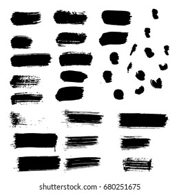 Set of vector black paint brush spots. Big set of watercolor strokes isolated on white background. Grunge texture, artistic design elements or text box.