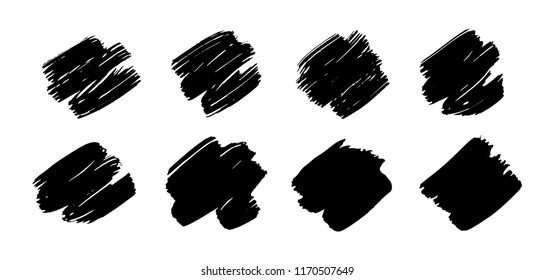 Set of vector black paint texture, ink brush stroke. Graphic artistic design element, box, frame or background for text.