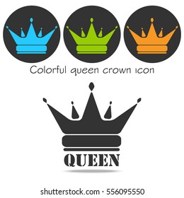 Set vector black queen crown icons on white background with shadow. Colorful crown in dark circle