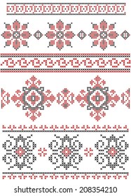 Set of vector black and red cross stitch ethnic borders.