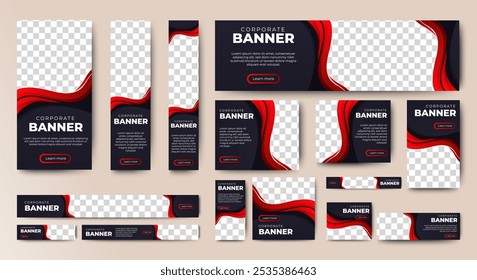 set of vector black and red web banners of standard sizes with a place for photos. Vertical and horizontal templates