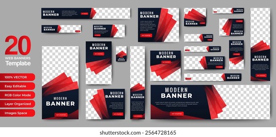 set of vector black and red web banners of standard sizes with a place for photos. Vertical and horizontal templates