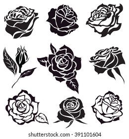 Set of vector black rose flower design elements 