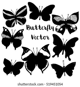 Set of vector black silhouette butterflies isolated on white background