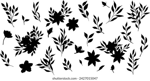 Set of vector black silhouette with flower, leaves and branch. Elegant art for decoration. hand drawing monochrome botanical illustration for backgrounds, wedding cards, polygraph, logo, tattoo