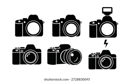 Conjunto de iconos de silueta de Vector negro con varios modelos de cámara, perfecto para representar equipos y dispositivos de Fotografía.