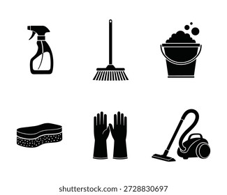 Conjunto de iconos de silueta de Vector negro que representan varias herramientas y suministros de limpieza, ideal para las tareas domésticas.