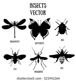 Set of vector black silhouette insects (butterfly, dragonfly, fly, bug, bee and mosquito) isolated on white background