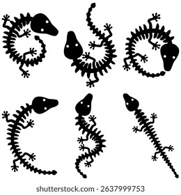 set of vector black silhouette of lizard skeleton reptile fantasy decor simplified isolated on white background, tattoo, design, stylization. Suitable design for postcard, business logo. halloween