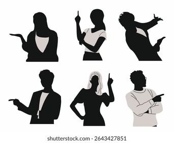 Set of vector black silhouettes of diverse people standing and pointing to the side or up. Black solid figures isolated on white, perfect for infographics, presentations, signs, and web design