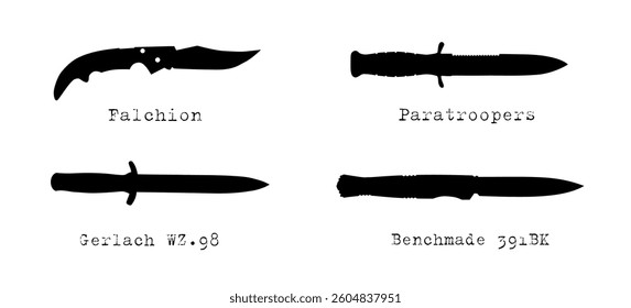 Set of vector black silhouettes of knives on a white background. Banner with icons for posters, backgrounds, computer games of the action and shooter genre.