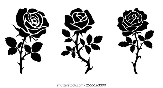 Set of vector black silhouettes of rose flowers isolated on a white background, roses flowers silhouette set drawing, floral beautiful wedding element, decorative rose with leaves, vector illustration