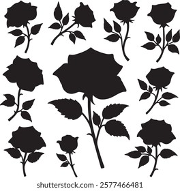 Set of vector black silhouettes of rose flowers isolated on a white background