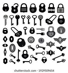 Set of vector black silhouettes of various locks and keyholes on a white background 