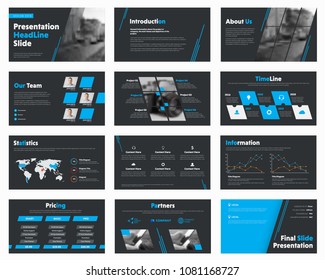 Set of vector black slides with blue design elements for business presentations. Template for reports, advertising, banners and flyers.
