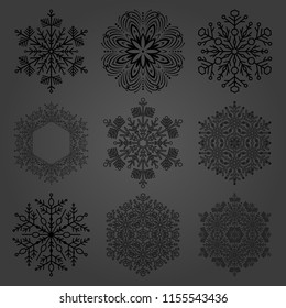 Set of vector black snowflakes. Fine winter ornaments. Snowflakes collection. Snowflakes for backgrounds and designs