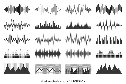 Set of vector black sound wave, equalizer and musical pulse icons