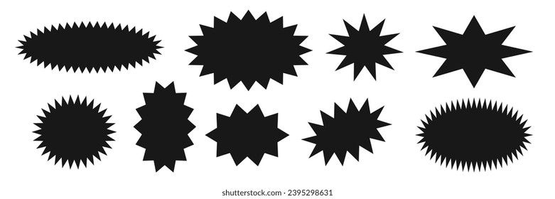 set of vector black stickers in the form of a multi-pointed star, sunburst badges, discount tags.
