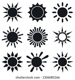 Set of vector black sun icons. Collection with simple silhouettes sun